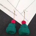 Detail of green knitted Christmas hat earrings with red pom-poms and gold chain - Dark Green Long Style (E1255-4)