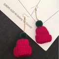 Pink knitted Christmas hat drop earrings with green pom-pom and gold metal hooks - Wine Red Long Style (E1255-2)