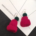 Handmade red knit Christmas hat earrings with green pompom and gold hooks for women - Wine Red Short Style (E1255-1)