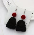 Winter knitted Christmas hat dangle earrings in black yarn with red pom pom accent - Black Short Style (E917-3)