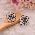 Retro multi-layered rose stud earrings in white with black outlines on lace - White
