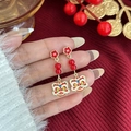 Pendientes largos tradicionales chinos de danza del león en color rojo y dorado - Flor Danza del León (E6219-2)