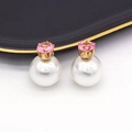 Elegant gold earrings with pink zircons and large white pearls for a classic look - Pink