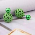 Grass green double-sided stud earrings with hollow ball design in polished metal finish - Green