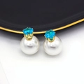 Double-sided earrings with large white pearl and bright blue zircon in gold crown setting - Aquamarine