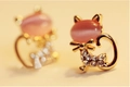 Charming gold cat stud earrings with pink opal stone and sparkling white crystals - Pink