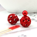 Elegant red double-sided hollow ball stud earrings featuring a matte textured tassel design - Red