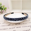 Détail de perles en cristal gris sur un serre-tête artisanal posé sur une assiette - Bleu