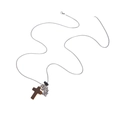 Collana lunga a catena argentata con ciondolo a croce in legno e sfere metalliche - Pendaglio Croce con Trama in Legno (X492)