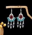 Ethnische Pfauenohrringe mit Vintage Silber-Quasten und roten Türkis-Einlagen - Rote Perle Blaukreis Blattanhänger (E2567)