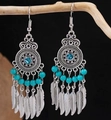 Ethno-Böhmische Tropfenohrringe aus Silberlegierung mit blauen Strasssteinen und Federn - Blauer Strass Türkisperlen Federquaste (E5775-27) / Antik Silber