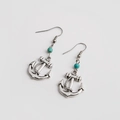 Boucles d'oreilles ancre argentées vintage avec perle turquoise et crochet - Ancre Style (E1231-9)
