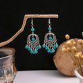 Ethnic silver-plated tassel earrings with hollow leaf design and turquoise beads - E1942-32/Hollow Mesh Blue Bead