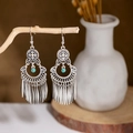 Ethnic peacock hollow leaf tassel earrings in vintage silver with turquoise bead - E2874-11/Turquoise Long Tube