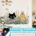 Muursticker met katten en bloemen voor plinten, aquarel stijl, afmeting 50x27cm - Gemiddeld / Potplant (Zwart Hoge Dekking)