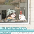 Cartoon girl and cat decorative glass wall decal for home windows, size 40x25cm - Watering Flowers (Self-Adhesive) / Medium