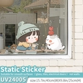 UV printed cute girl and cat static glass stickers set, size 40x25cm for windows - Watering Flowers (Static Cling) / Medium