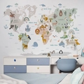 Cartoon animal world map wall sticker for kids room decoration in soft Morandi colors - Animal World Map (KL96045) / Oversized
