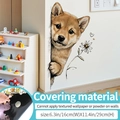 Lindo adhesivo de pared Shiba Inu con margarita, decoración de inodoro de cachorro removible - Shiba Inu Asomado - Fondo Negro Alta Opacidad / Medio
