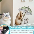 Cute cartoon bunny wall sticker with green leaf umbrella in watercolor style - Rabbits with Umbrella - Black Background High Opacity / Medium