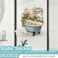 Floral bathtub static cling bathroom sticker with Bath Room text, 18x21cm size - Static Cling (No Glue) / Medium