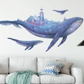 Minimalist whale and lighthouse wall sticker with watercolor mountains for bedroom decor - Xianyao You Style