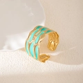 Bracciale rigido dorato regolabile con trama irregolare e smalto blu turchese - Texture a Onde Rosa (S998)