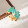 Bracciale aperto a fiori dorati con smalto verde acqua trama marmo da donna - Petalo Ciano (S1021)