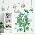 Nordic wall stickers with tropical green leaves and hanging plants for bedroom decor - Monstera Leaves Bird Cage Decor