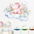 Selbstklebender Aquarell-Einhorn-Wandsticker für Kinderzimmer mit Wolken und Blumen - Einhorn auf Wolke