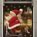 Cartoon Weihnachtsmann auf Roller Fensteraufkleber mit goldenen Schneeflocken und Socken - SD-08
