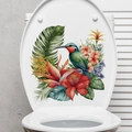 Autocollant tropical d'oiseau et fleurs sur abattant de WC avec hibiscus et palmier - Style Martin-Pêcheur et Fleurs (AM33014)