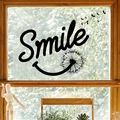 Dettaglio di un adesivo murale soffione Smile nero su vetro con luce solare calda - Stile Smile (AM22003)