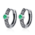Vintage silver hoop earrings with engraved scroll patterns and green zircon stones - Green Zircon