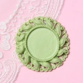 Detail of 2.5cm pale green resin round frame base with vintage embossed leaf pattern - Matcha Green