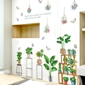 Watercolor potted plant wall decals with butterflies for modern bedroom and living room decor - HT94019 Green Potted Plant Sticker