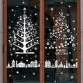 White Christmas tree window decals with snowflake and Nordic town silhouette for glass decoration - SD2215