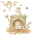 Watercolor cartoon cat wall stickers for kids room featuring kittens and forest elements - Oversized / As Shown
