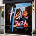 Adesivo festivo per vetrine Hello 2026 con fuochi d'artificio per negozi commerciali - Piccolo (40x50cm)