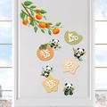 Detail view of 3D panda wall decals with persimmons and traditional Chinese calligraphy - Smooth Fortune Style (KSXN-52)
