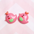 Close-up of pink resin bird charms with heart crowns and stitched pocket details for DIY crafts - Watermelon red