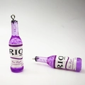 Detailed close-up of miniature purple resin cocktail bottle charms with silver eyelet hooks - Purple