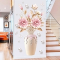 3D embossed floral wall sticker with pearl vase and golden butterflies for home decor - Pink Rose Butterfly Style (GS9833)