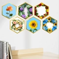 Set de 6 pegatinas hexagonales de pared con flores y hojas doradas para decorar el salón - Girasol Blanco Opaco (KSG-107)
