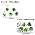 Detail showing dimensions of green plant hanging basket wall decals and packaging layout - Small