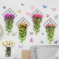 Detailed view of hanging rose vines with green leaves on black diamond metal grids - Butterfly Flower Vine (KSG91)