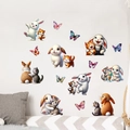 Détail de stickers muraux chat et lapin mignons avec papillons au style chaleureux dessiné main - Chat Lapin Papillon