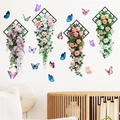 Detail of 3D rose flower wall decals with geometric frames and colorful butterflies - Grid Rose Flower Butterfly Style (KSG-34)