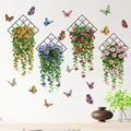 Detail of 3D rose vine and butterfly wall stickers on a clean white living room wall - Morning Glory Hanging Basket Butterfly Style (KSXN40)