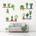 Detail of watercolor potted plants wall stickers on wooden shelves in a modern living room - Potted Green Plant Combination (27)